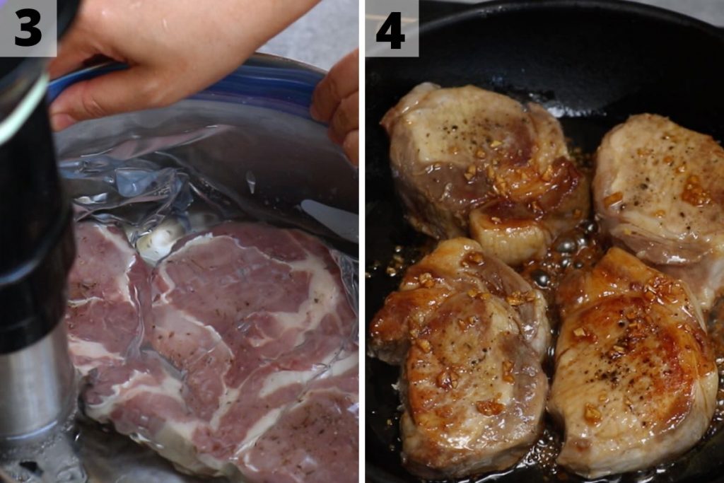 Côtelettes de porc saisies sous vide : photos des étapes 3 et 4.