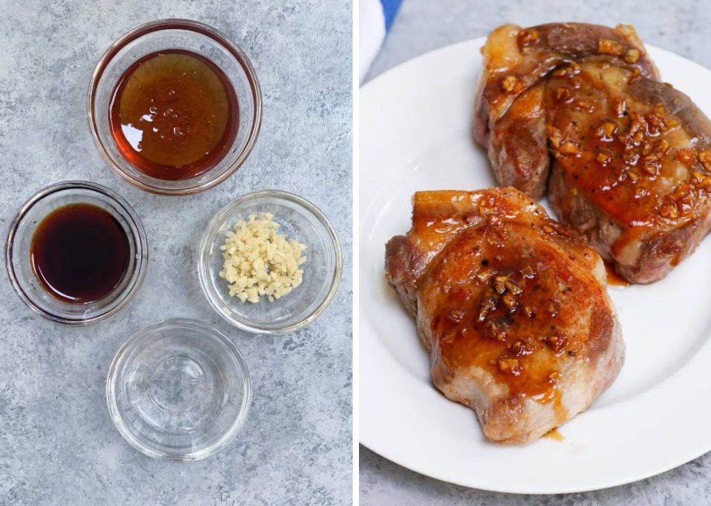 Côtelettes de porc au miel et à l'ail sous vide : les ingrédients de la sauce à gauche et les côtelettes de porc cuites à droite.