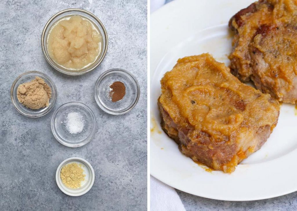 Côtelettes de porc sous vide avec sauce aux pommes : ingrédients de la sauce à gauche et côtelettes de porc cuites à droite.