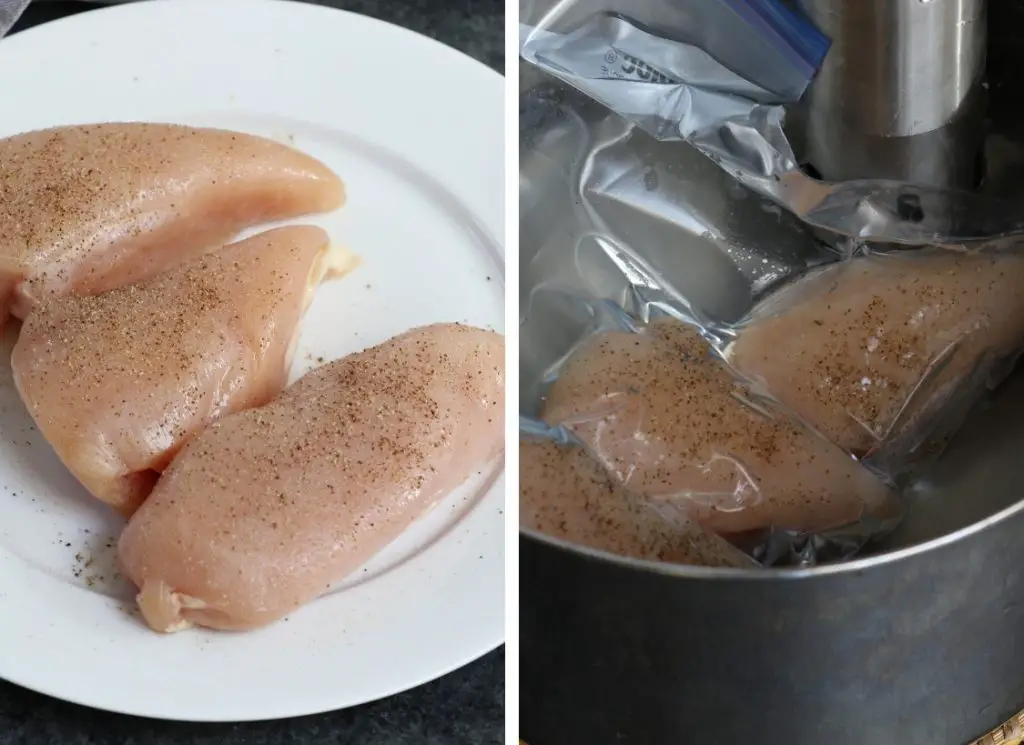 Collage de photos montrant comment faire du poulet râpé sous vide.