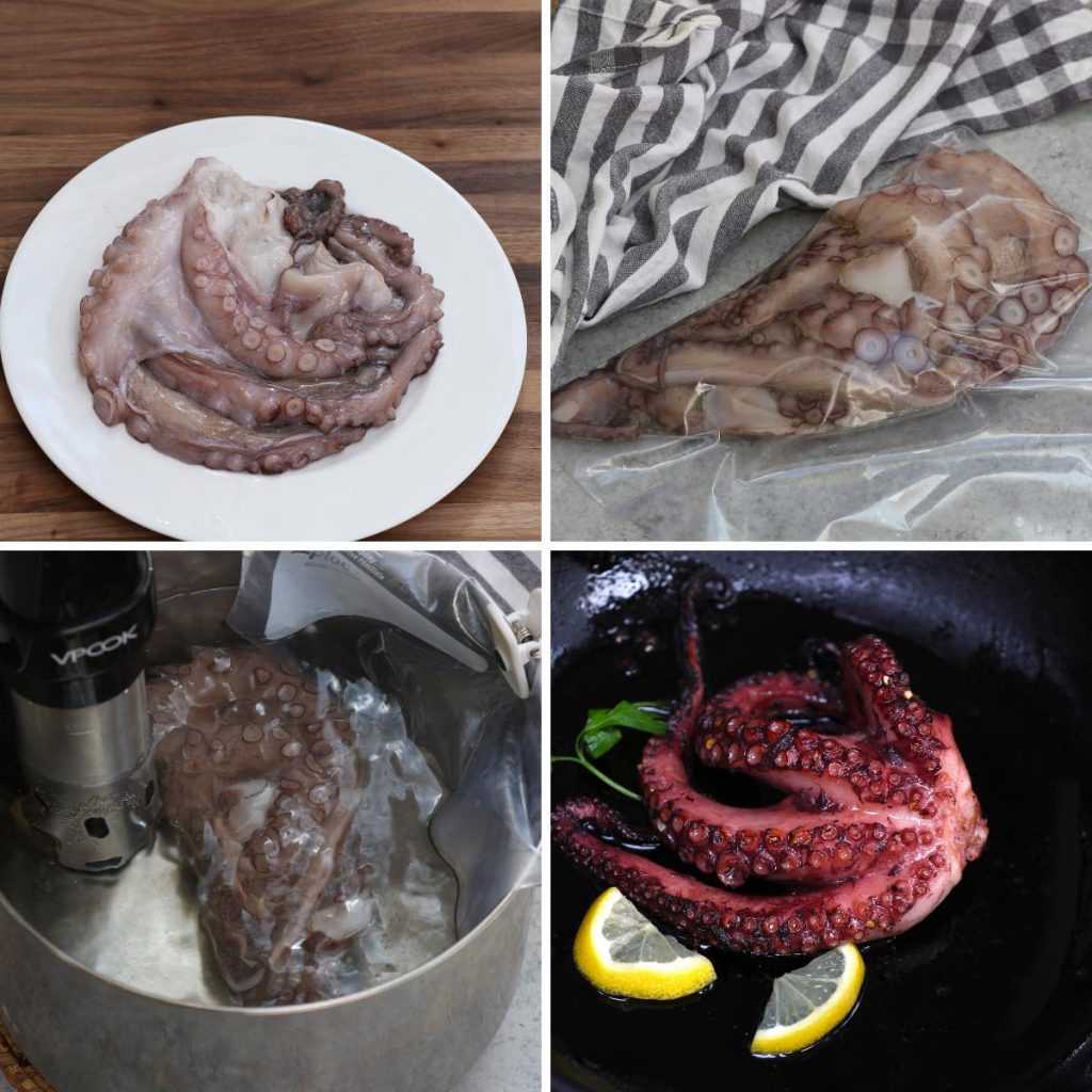 Collage de photos montrant comment faire du poulpe sous vide avec des photos étape par étape.